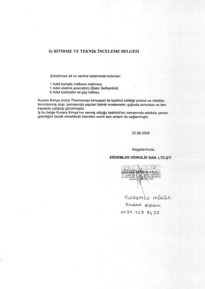 Erdemler Hydraulic Heat Systems Chemical Cleaning Work Completion Certificate