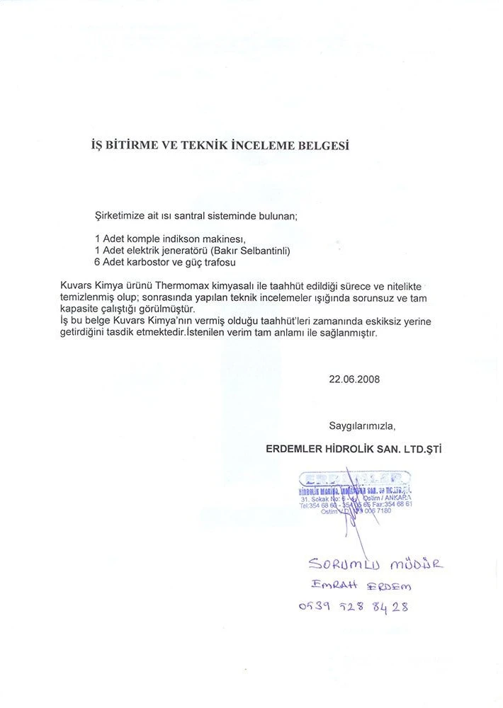 Erdemler Hidrolik Certificate of Completion and Technical Inspection