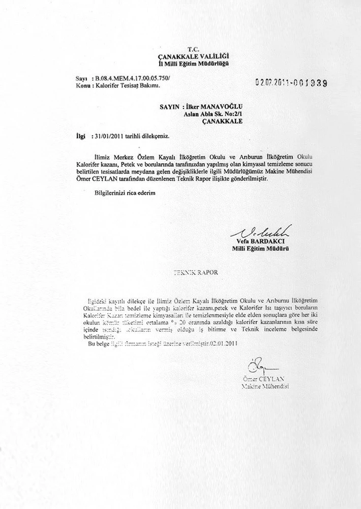 Çanakkale Governorship School Heating Boiler and Radiator Cleaning Work Completion Certificate