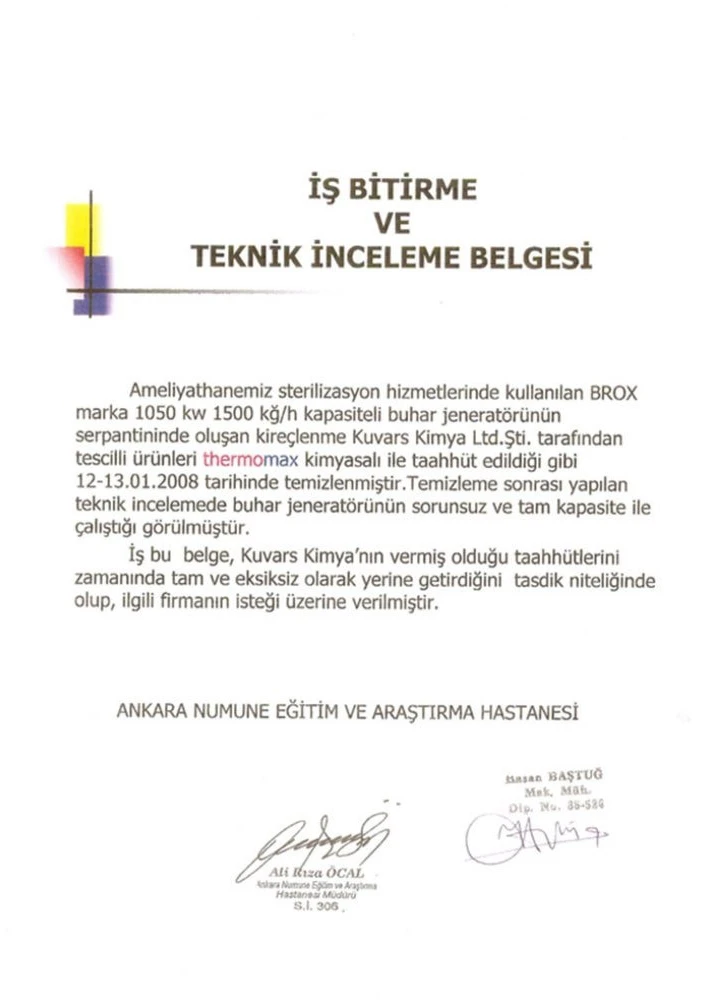 Ankara Numune Hospital Thermomax Sterilization Work Completion Certificate