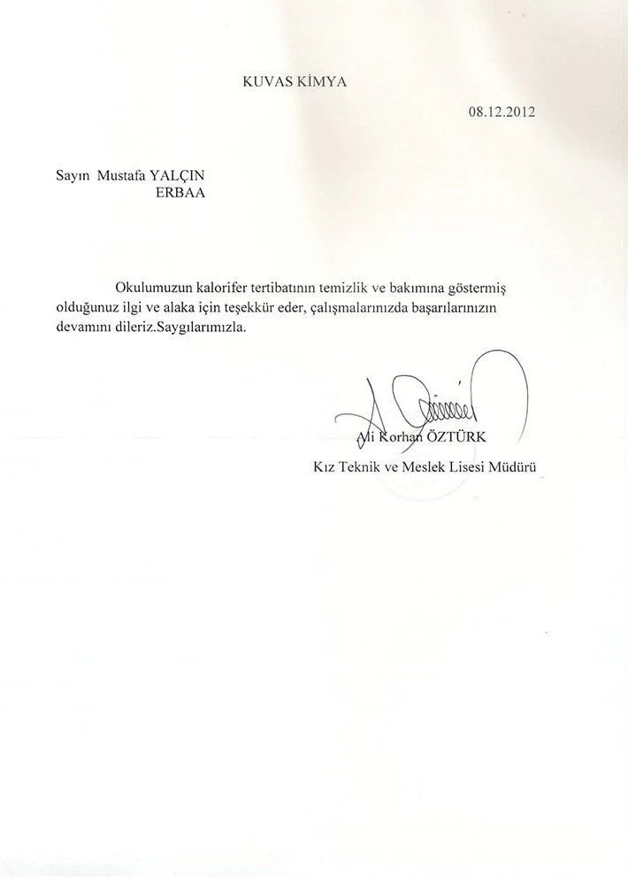 High School Heating Cleaning and Maintenance Certificate of Completion