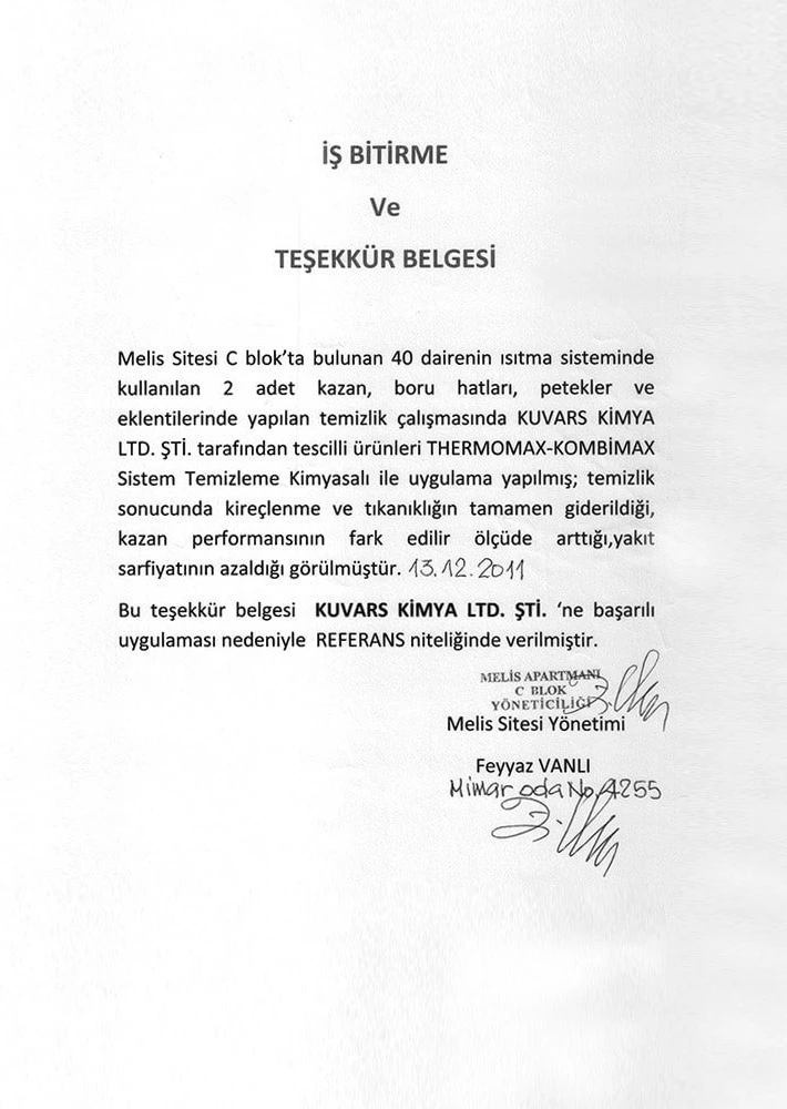 Melis Site Boiler Installation and Radiator Cleaning and Protection Work Completion Certificate