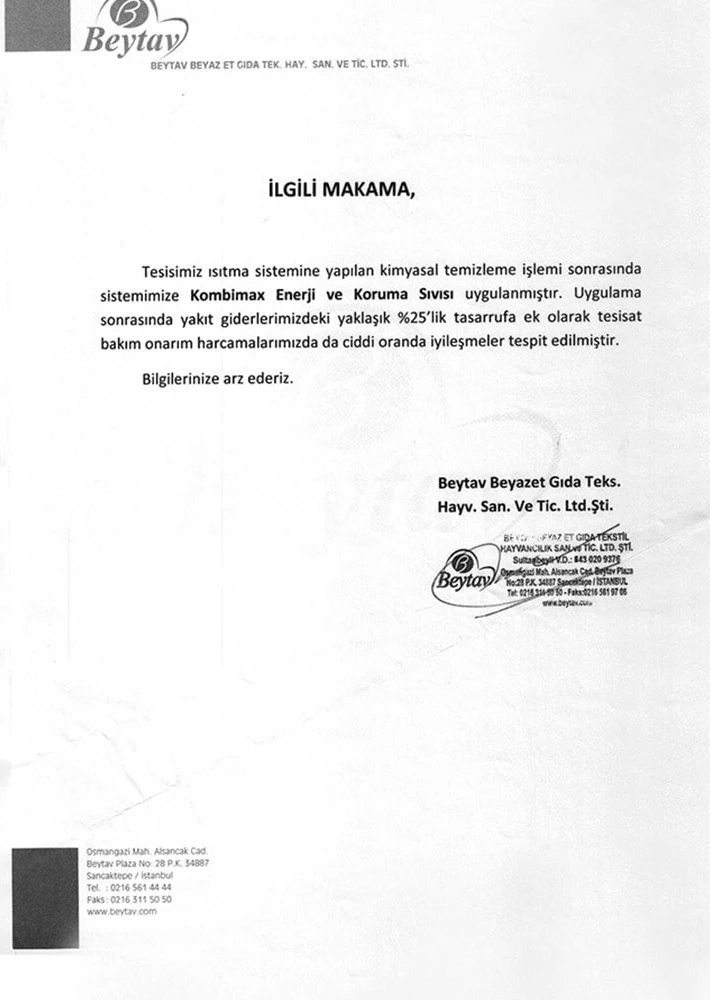 Beytav Kombimax Energy Systems Cleaning and Protection Work Completion Certificate