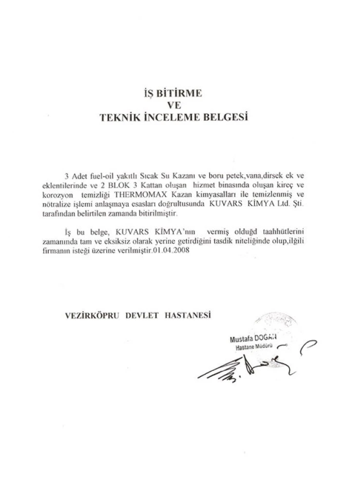 Veziköprü State Hospital Technical Inspection Certificate