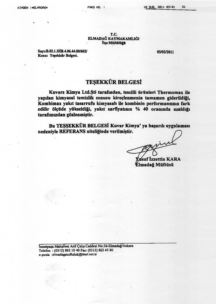 Elmadağ Mufti's Office Thermomax Chemical Cleaning Work Completion Certificate