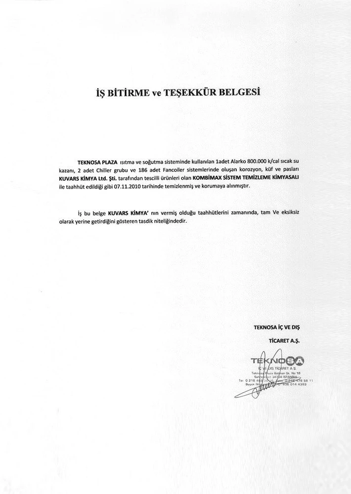 Teknosa Plaza Kombimax System Cleaning Chemical Work Completion Certificate